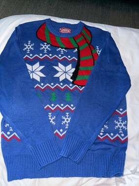 Hybrid Holiday Blue Snowflake and Christmas Tree Ugly Sweater with Scarf Motif